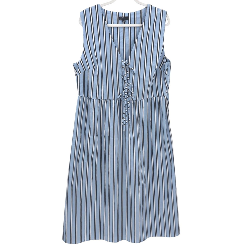 Nobody's Child Posey Trapeze Blue White Striped Lace Up V-Neck Midi Dress USA 14